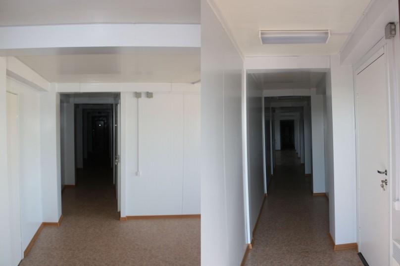 A second floor corridor of one of the installed modular buildings