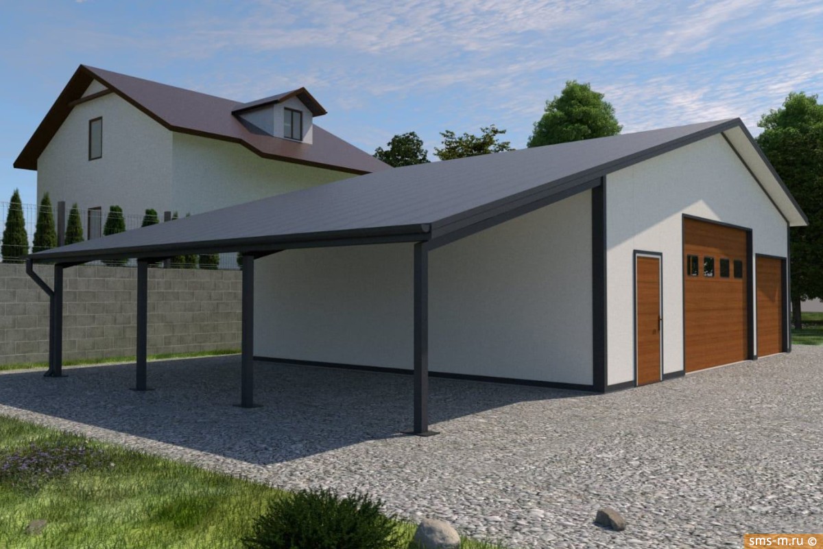 Фото Гараж из сэндвич панелей на 2 автомобиля с навесом