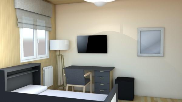 Фото В комнате есть кровать, светильник, рабочий стол, кресло и холодильник